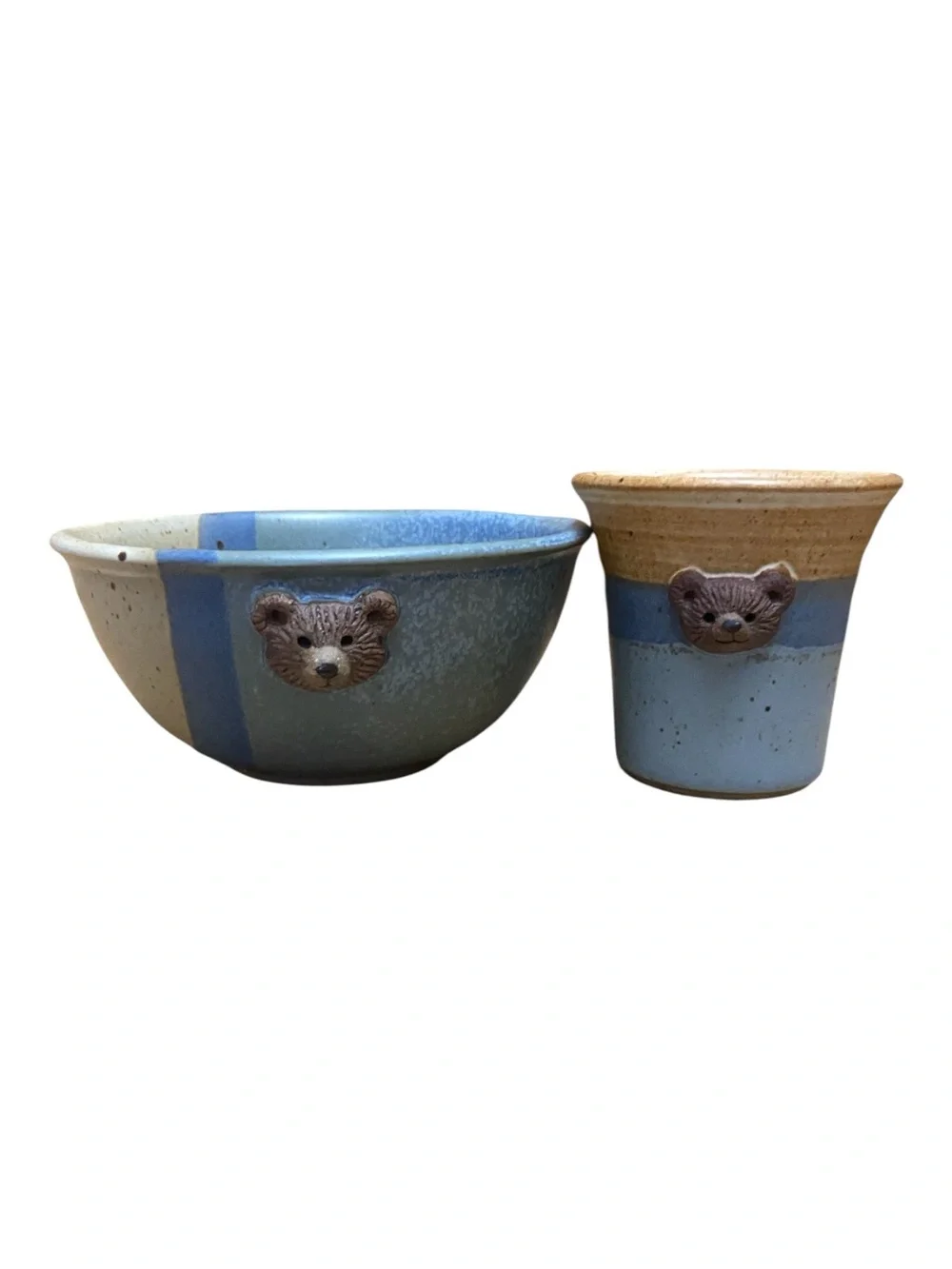 Handmade Stoneware Mug And Bowl Pottery Set With Teddy Bear Detailing Country